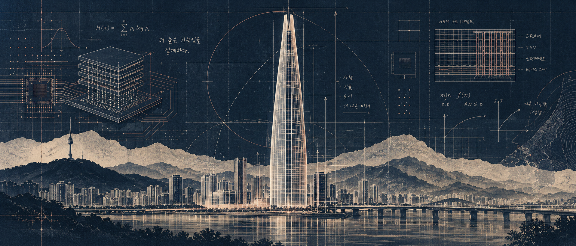 An editorial blueprint-style illustration combining Korean high-rise architecture, circuitry and analytical notes